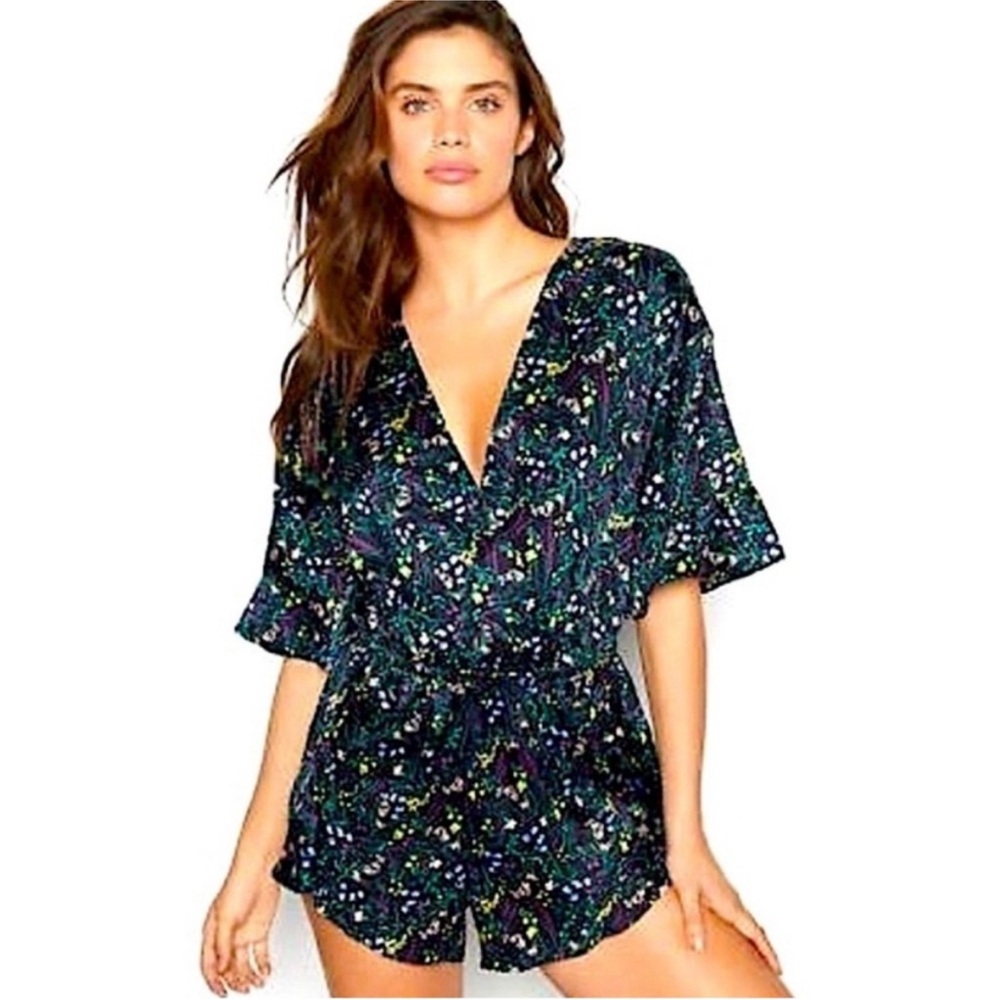 Victoria's Secret Floral Pajama Romper - Black and Blue